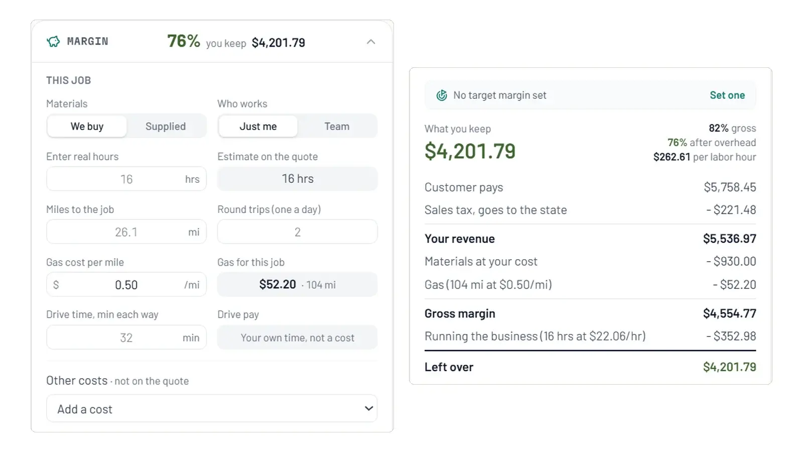 The Margin box on a quote: this job's costs, and what you keep