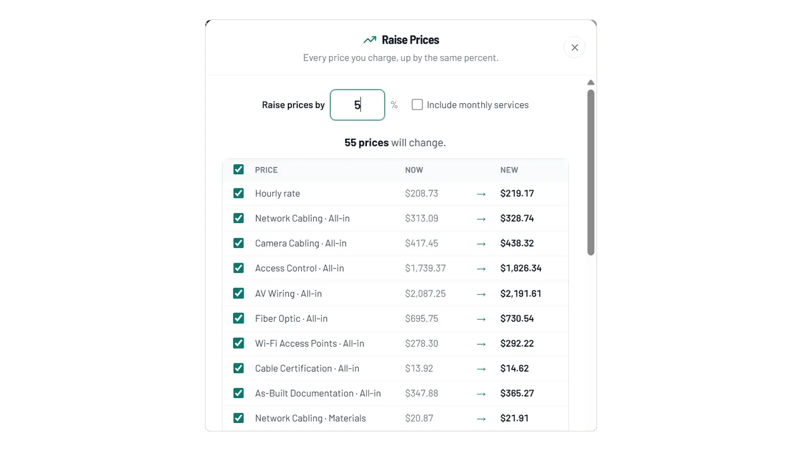 The Raise Prices window: every price, old and new