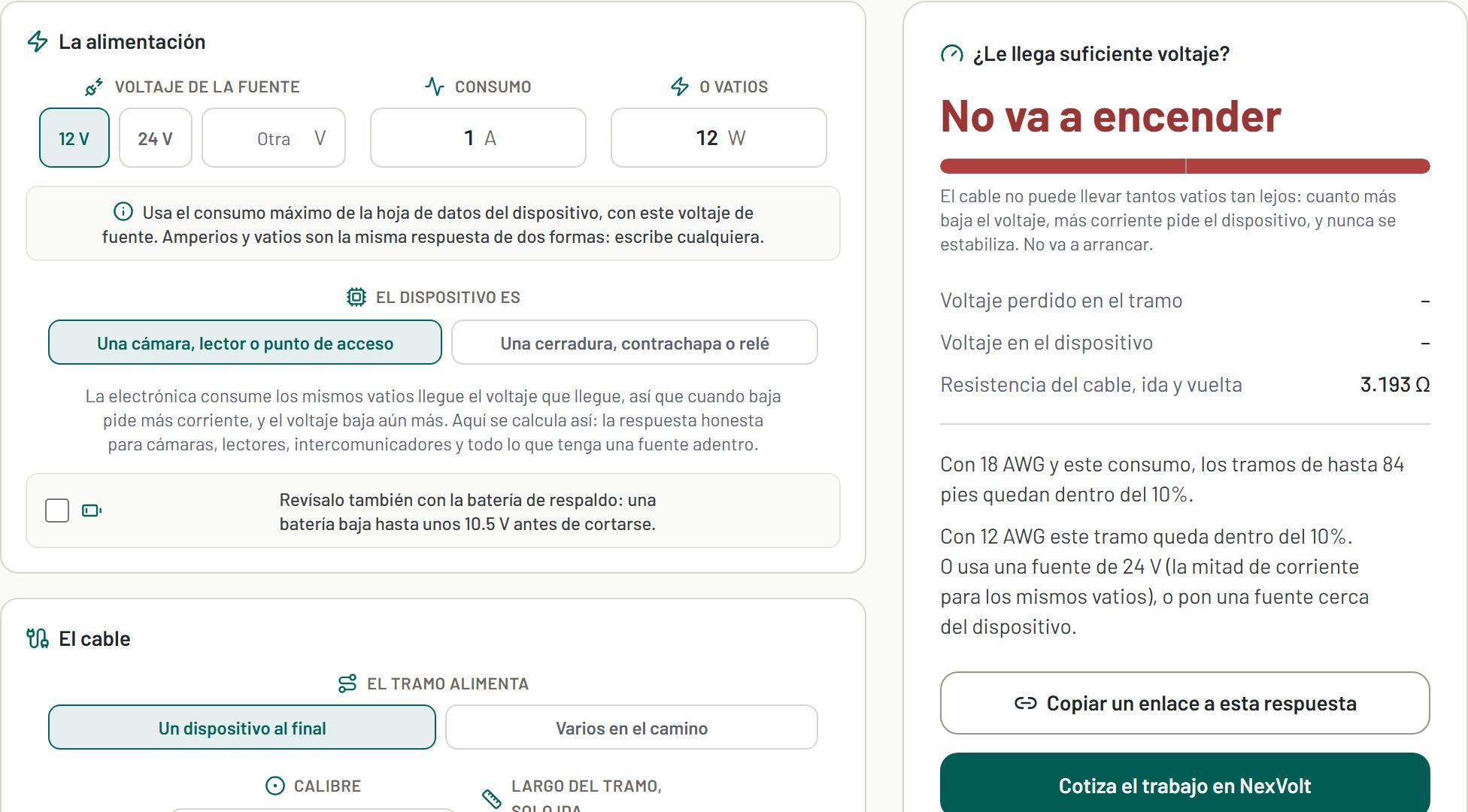 Calculadora de caída de voltaje, con una respuesta de ejemplo