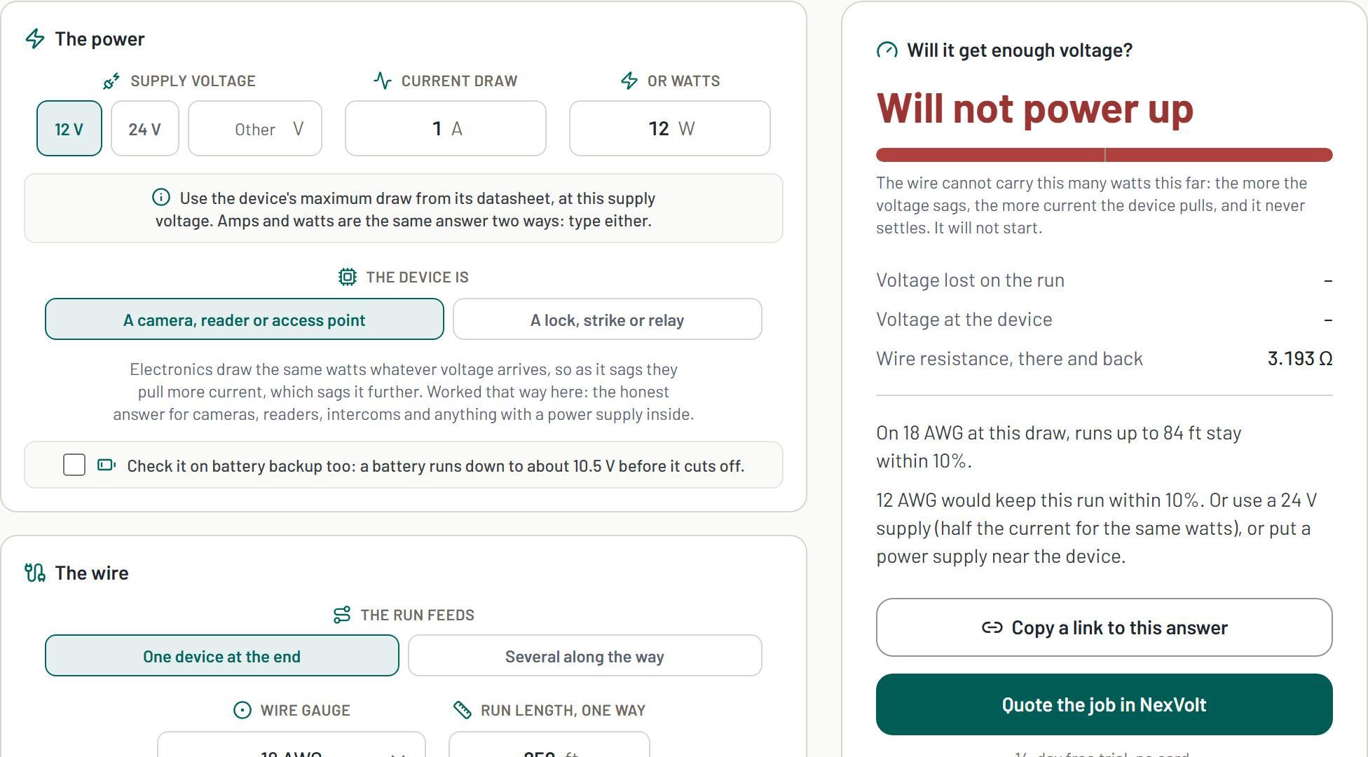 Voltage drop calculator, with an example answer