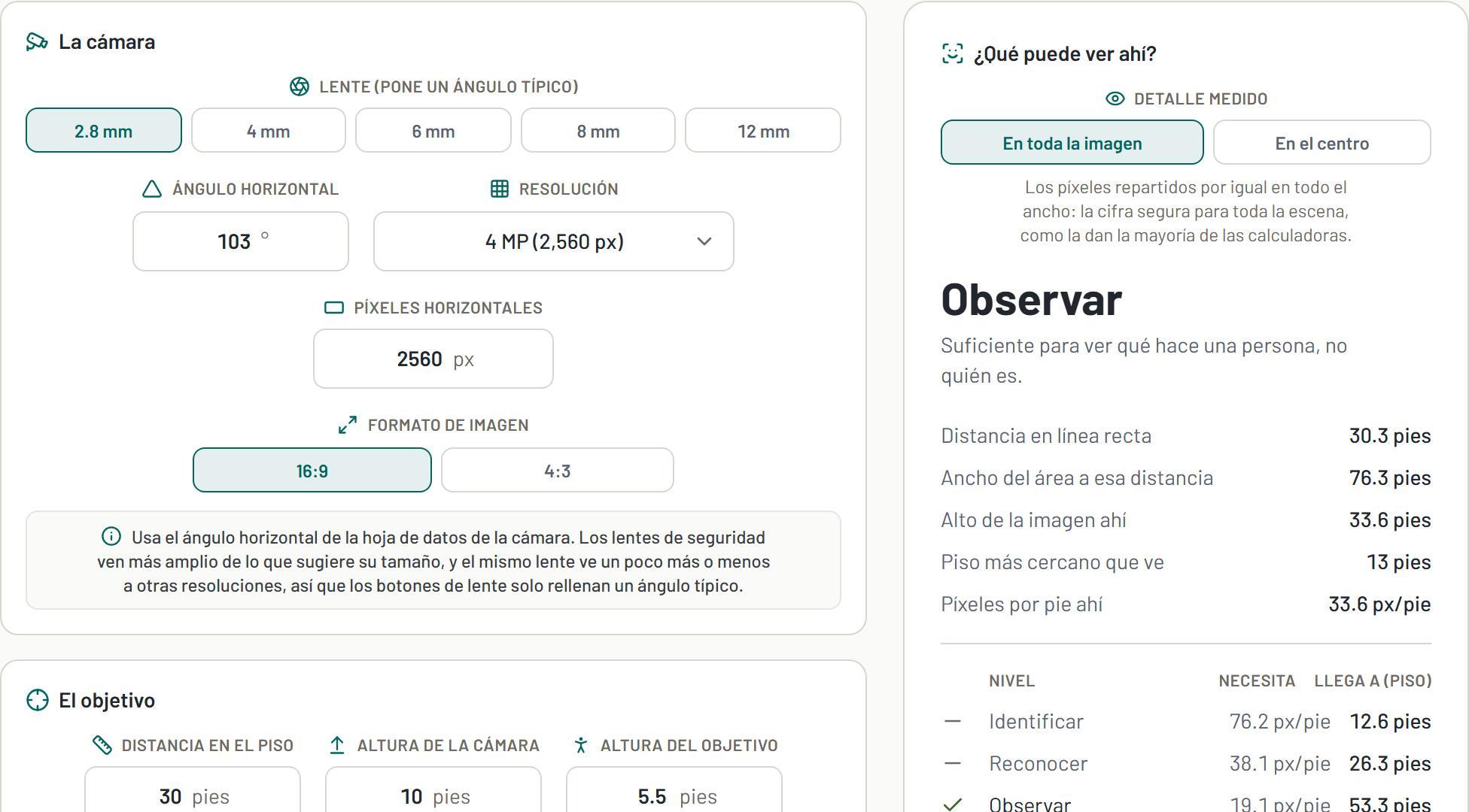 Calculadora de campo de visión, con una respuesta de ejemplo