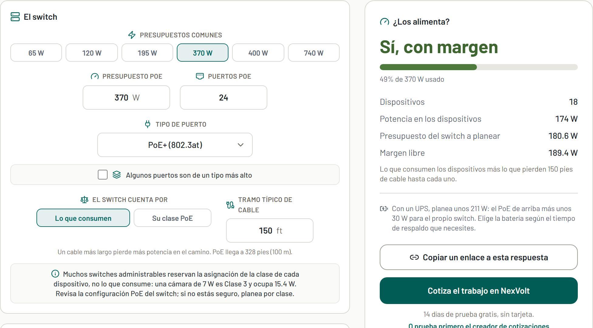 Calculadora de presupuesto PoE, con una respuesta de ejemplo