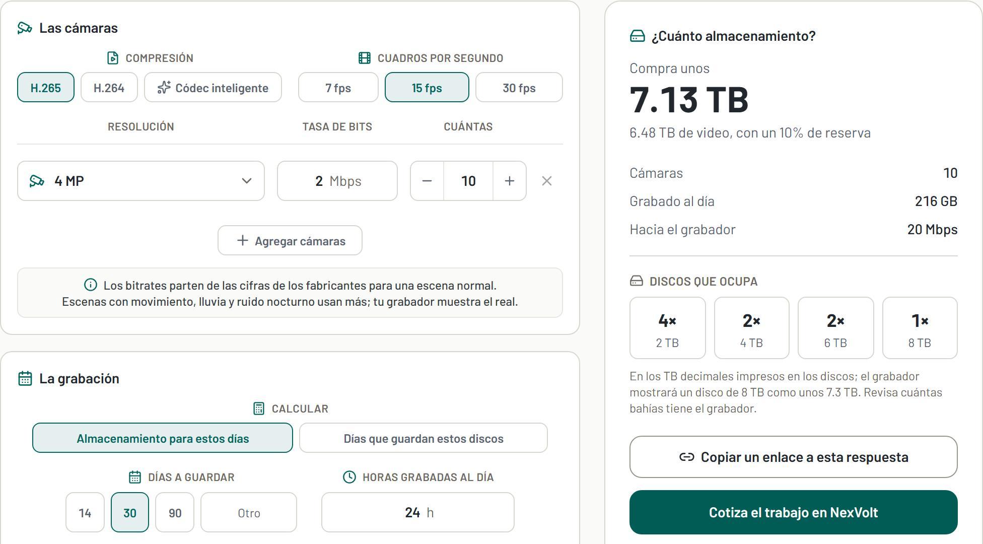 Calculadora de almacenamiento CCTV, con una respuesta de ejemplo