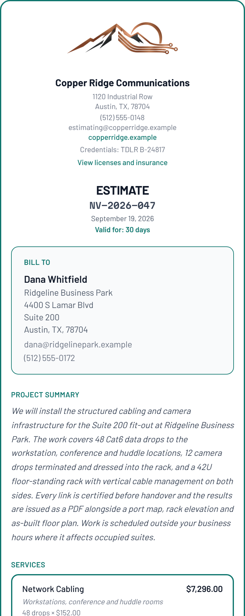A finished NexVolt quote: contractor letterhead, customer details, project summary, and itemized services.