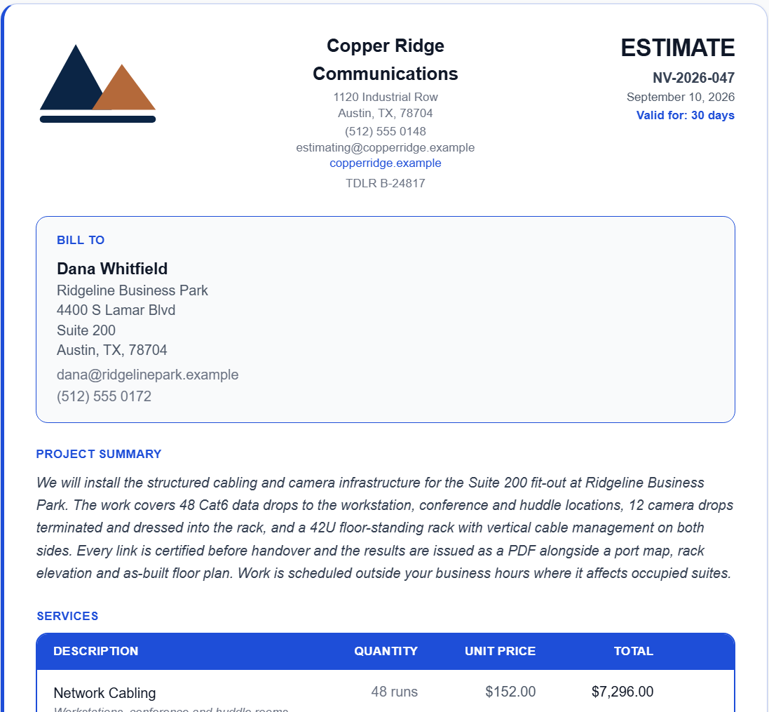 A finished NexVolt quote: contractor letterhead, customer details, project summary, and itemized services.